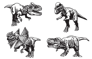 Graphical set of dinosaurs on white background, vector collection. Graphical elements for design and typography