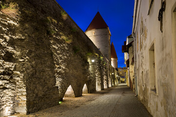 Street along the city walls of the Old Town of Tallinn, Estonia