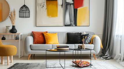 Yellow, orange, black and brown pillows on comfortable grey scandinavian sofa. AI Generative