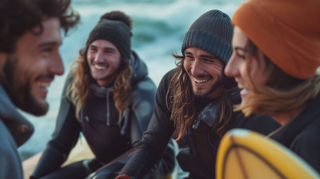 Group of Friends Going for Winter Surfing