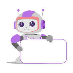 Technology and engineering concept with cute robot character. Artificial intelligence in science and business, smart machine concept. Cartoon illustration with futuristic bot with text field box