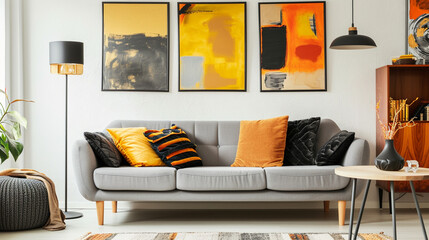 Yellow, orange, black and brown pillows on comfortable grey scandinavian sofa. AI Generative