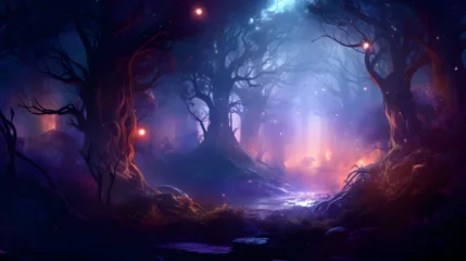 Fotobehang Fantasy forest scene with glowing a forest with a blue light and a forest with fireflies in the sky,, Ethereal Forest Light Show"  © Abdul