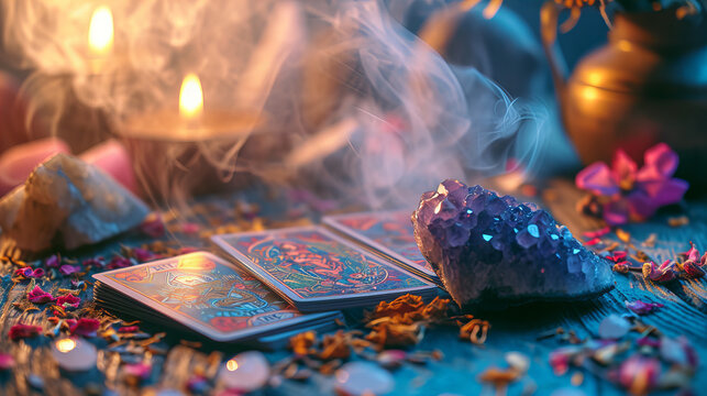 Tarot cards on the table with crystals, dry flowers and smoke . Blurred background.