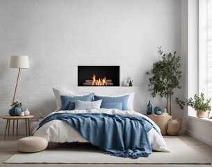 Bed with blue pillows and coverlet near fireplace against white brick wall. Loft, scandinavian interior design interior of a bedroom