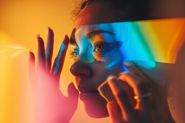 Woman's face with vivid rainbow light reflections, showcasing creativity and the spectrum of emotions in an artistic portrait