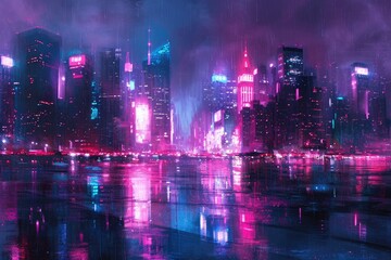 Electrifying Visions: A Glitchy Cityscape Awash with Neon Lights