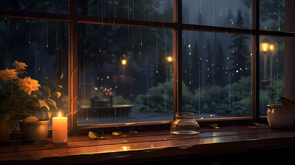 Rain falling on the window, flowing raindrops, comfortable rain sound ASMR, a cat sleeping on a desk with books, notes, and coffee, resting in a cozy cafe and library, and raining scenery,,
 A Symphon