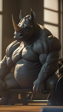 Cartoon digital avatars of a Muscled Rhino showing off his powerful abs as he does situps with ease in the gym.