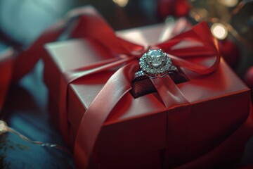 Gift-wrapped box revealing surprise diamond ring, a breathtaking and unexpected token of everlasting love. - obrazy, fototapety, plakaty