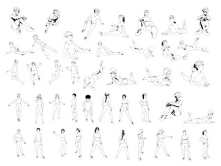 Fototapeta na wymiar Female silhouettes set. Beautiful young girls with different poses isolated. Icons collection. Fitness and relaxation