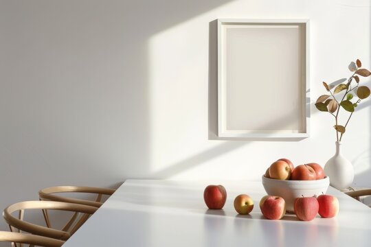 Sunny table setting with apples and decorative plant beside a blank picture frame mockup