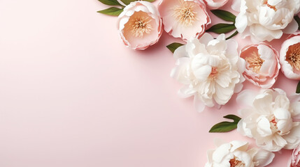 Aesthetic background frame with tender white and pink peonies. Copy space. Invitation or greeting concept. Generative AI