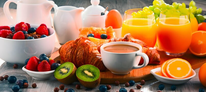 Breakfast including tea, some fruits and orange juice.