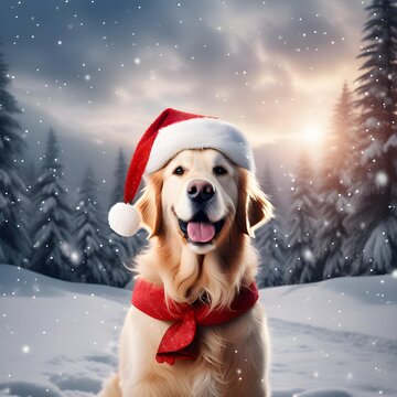 Golden retriever wearing Santa hat in a snowy evening.