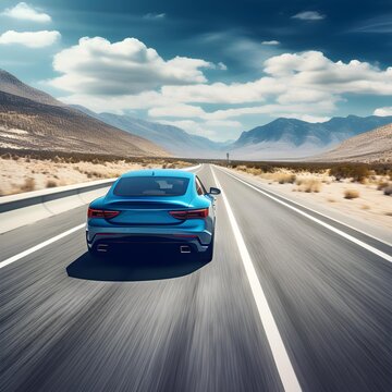 Beautiful blue car on the road surrounded by aesthetic mountains