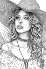 beautiful young woman portraits, faces, flowers on a white background. coloring book for adults