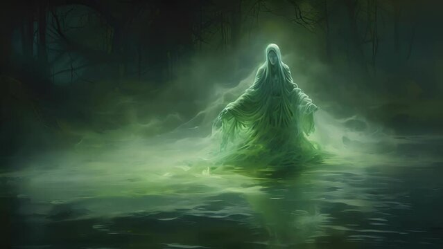 An apparition of an ancient ghostly figure rises out of a bubbling pool of ghostly green energy shrouded in a fog of ectoplasm.