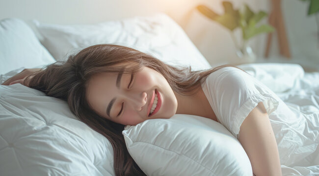 Healthy sleep on comfortable pillow. Healthy relaxation of Asian lady