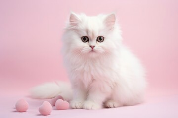 Portrait of a cute little domestic cat on a pink background with love hearts.