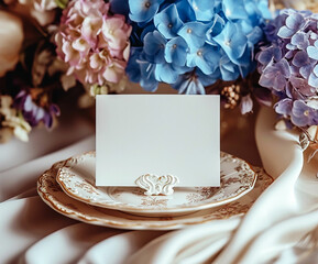 Table place with blank card on the table with hydrangea flowers Vintage wedding place card mockup.