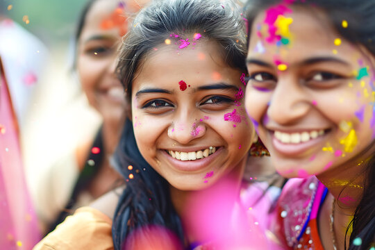 Joyful Smiles during Holi Celebrations. Three young Indian women look at the camera with beaming smiles, their faces playfully marked with the vibrant colors of Holi. Horizontal photography