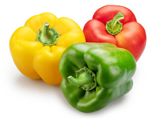 Green, yellow and red sweet peppers on white background. File contains clipping path.