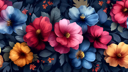 floral wallpaper background pattern in blue, red, yellow color - obrazy, fototapety, plakaty