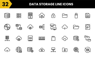Storage system line vector icon set. This set includes various elements such as cloud, data, storage, hardisk, computer and etc. Simple icon graphic symbol design