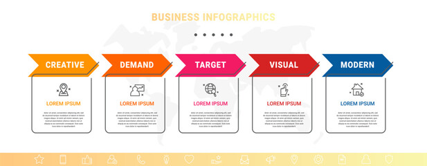 Vector concept of infographics with arrow business model for 5 successive steps. Five colorful timelines with rectangular elements. Modern design for brochure, and presentation