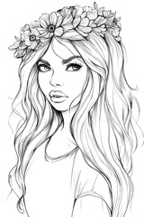 Girl with a flower behind her hair. Coloring book antistress for children and adults. Black and white illustration