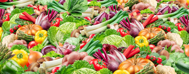 Plenty of fresh organic vegetables and herbs close-up. Food background.