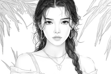 sketch of attractive young woman. For adult, children coloring book - obrazy, fototapety, plakaty