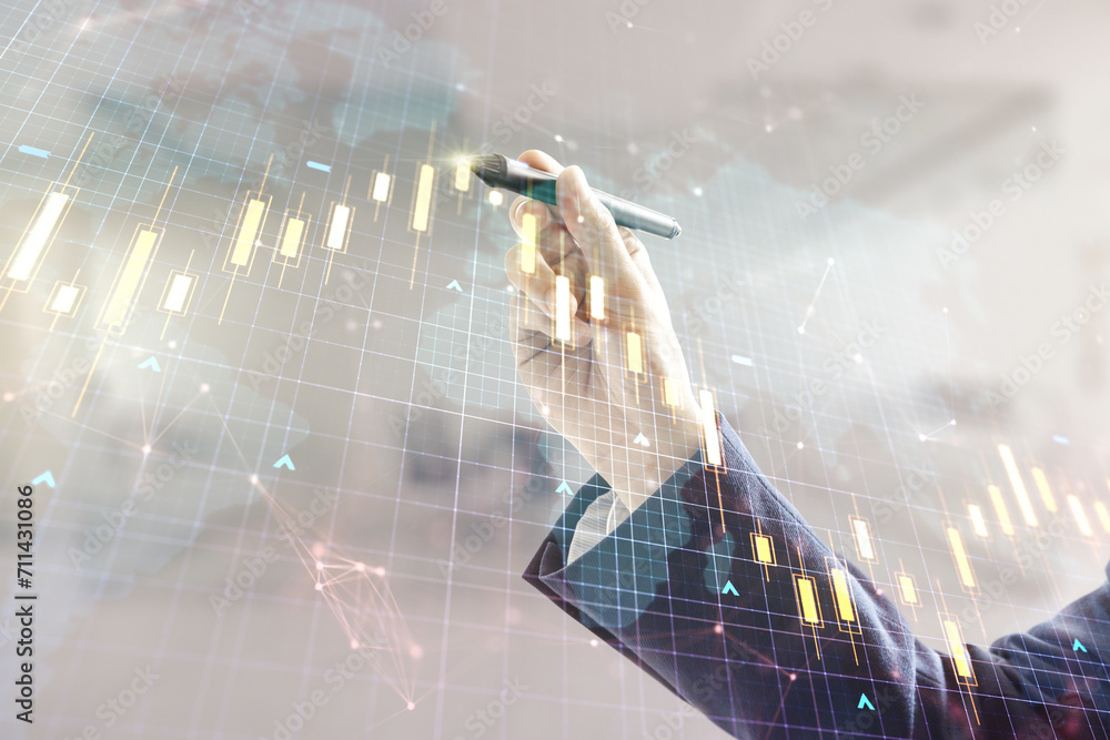 Poster multi exposure of man hand with pen working with abstract financial diagram and world map on blurred