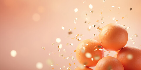 Oranges with sparkling gold confetti against a peach backdrop. Festive background for advertisement. Fashion and lifestyle magazine cover. Holiday concept. Banner with copy space.