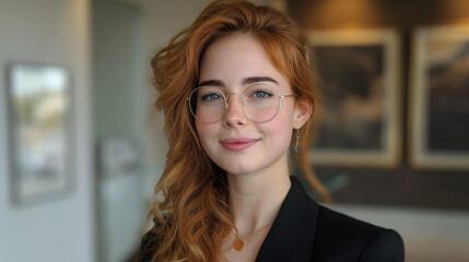 Mulher ruiva jovem de óculos usando um terno preto no escritório - Papel de parede