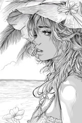 Sketch of beautiful woman on the tropical beach. Black and white for coloring book