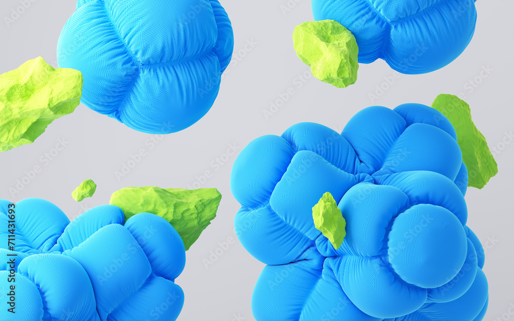 Poster inflated 3d shapes with stones colorful composition. 3d rendering illustration.