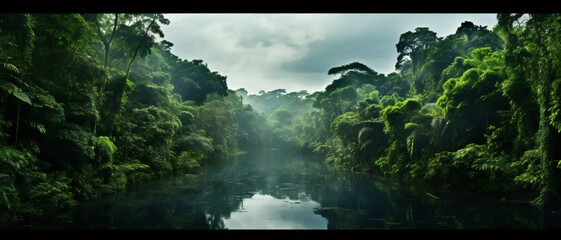 Serene Rainforest River: Aerial Photography with Top View, Greeny Hues, Mist, and Morning Light