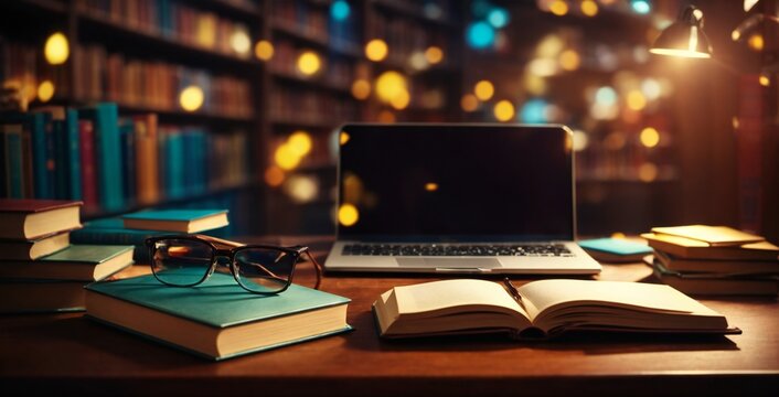 books on a table boks with laptop in office with glasses 