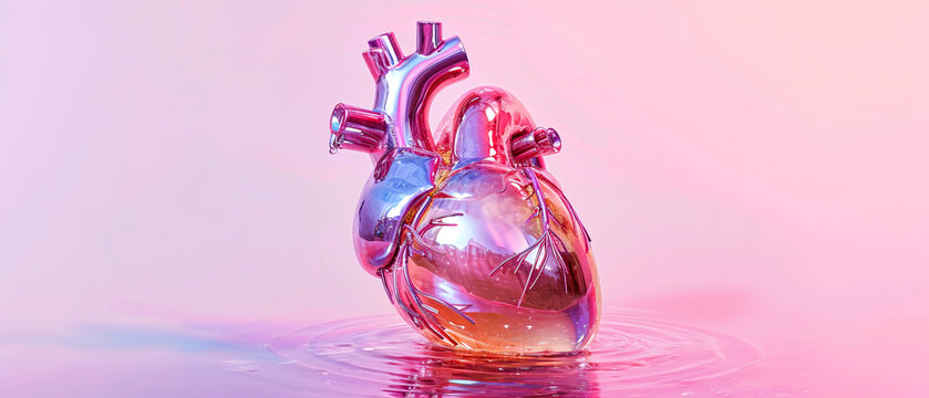 3D render of a human heart made of glass with a holographic effect web banner