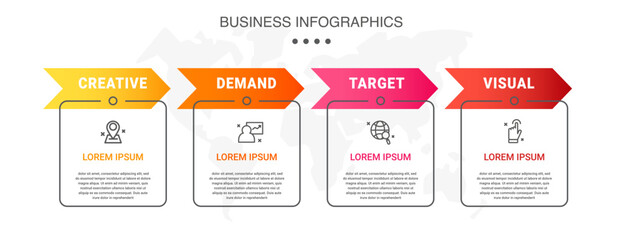 Vector concept of infographics with arrow business model for 4 successive steps. Four colorful timelines with rectangular elements. Modern design for brochure, and presentation