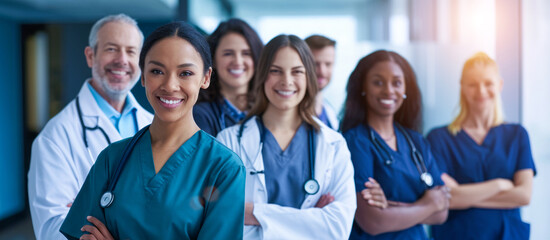 Team of diverse nurses and doctors in hospital providing excellent health care services