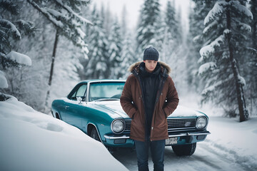 Man Standing Next to Car in Snow. Generative AI.
