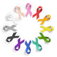 World Cancer Day colored ribbons for different types of cancer on a transparent background in 3D illustration