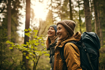 Fototapeta premium Two Happy Smiling Girl Enjoying Forest Hike. Two joyful young women stand in the middle of a dense forest in hiking gear and backpacks. The girls look up and smile. Hike concept. Horizontal photo