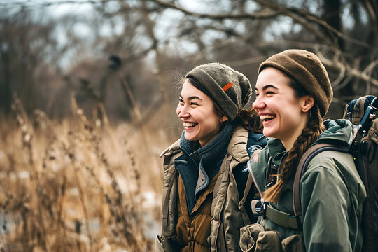 Two Laughing Young Women Enjoying Hike. Two young women, dressed in warm hiking clothes and hats, share a joyful moment while walking on a cold, cloudy day. Hike concept. Horizontal photo