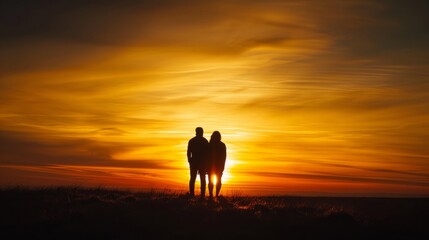 Fototapeta na wymiar Couple silhouetted against a breathtaking sunset, capturing the essence of love and togetherness. The warm, golden hues in the sky evoke a sense of romance, drawing inspiration from the romantic lands
