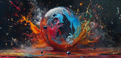 A dynamic composition featuring a burst of vibrant paint exploding from a shattered glass sphere, representing the release of impurity. The chaotic yet controlled chaos.  - obrazy, fototapety, plakaty