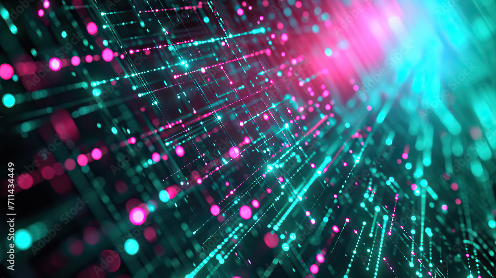 Wall mural Cybernetic Matrix: An abstract background inspired by cybernetics and digital networks, with a matrix of interconnected nodes and lines in electric shades of neon pink, laser lime